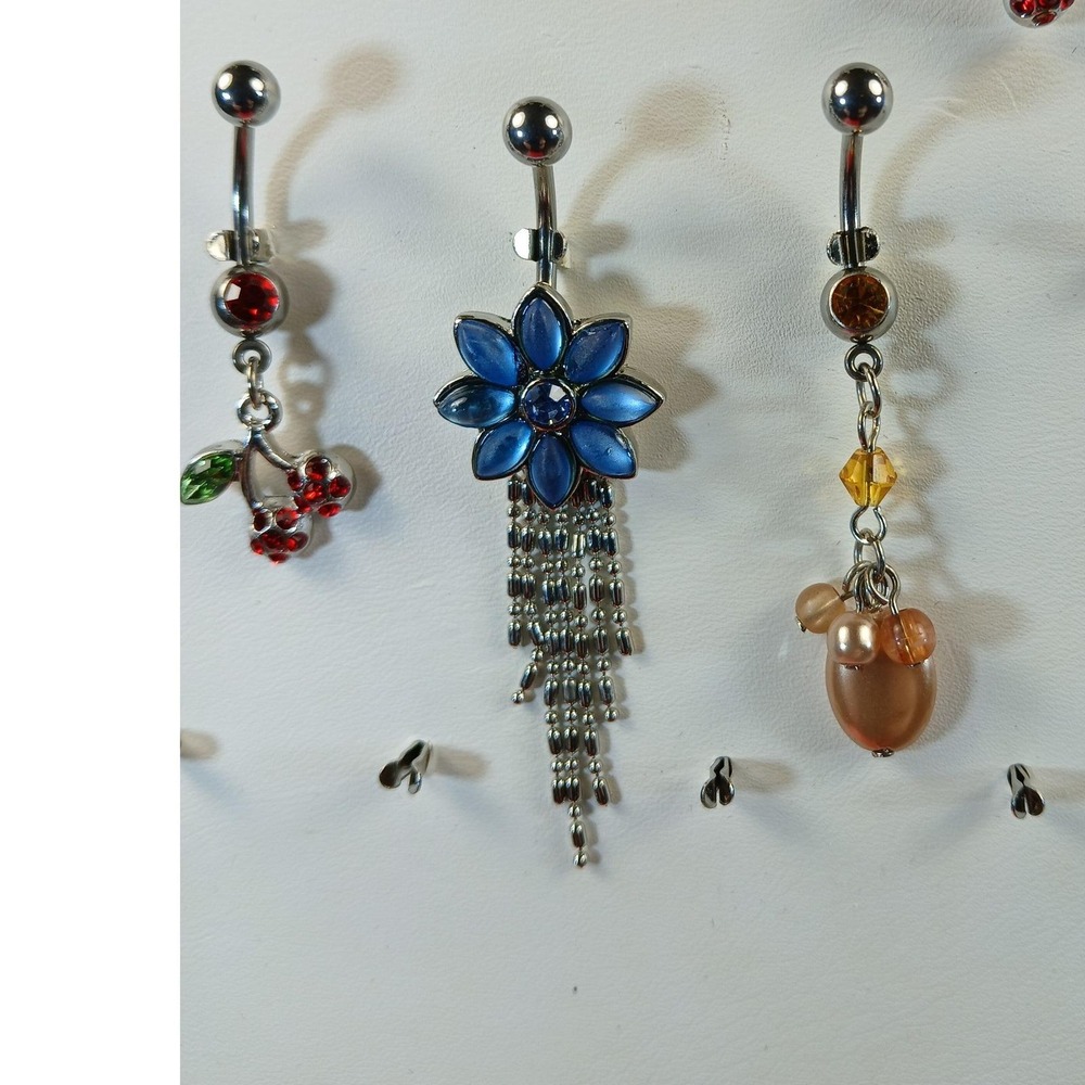 Vintage 90s Belly Button Rings 316L Surgical Steel 14G Cherry Flower CZ 7pc Set - Picture 12 of 17